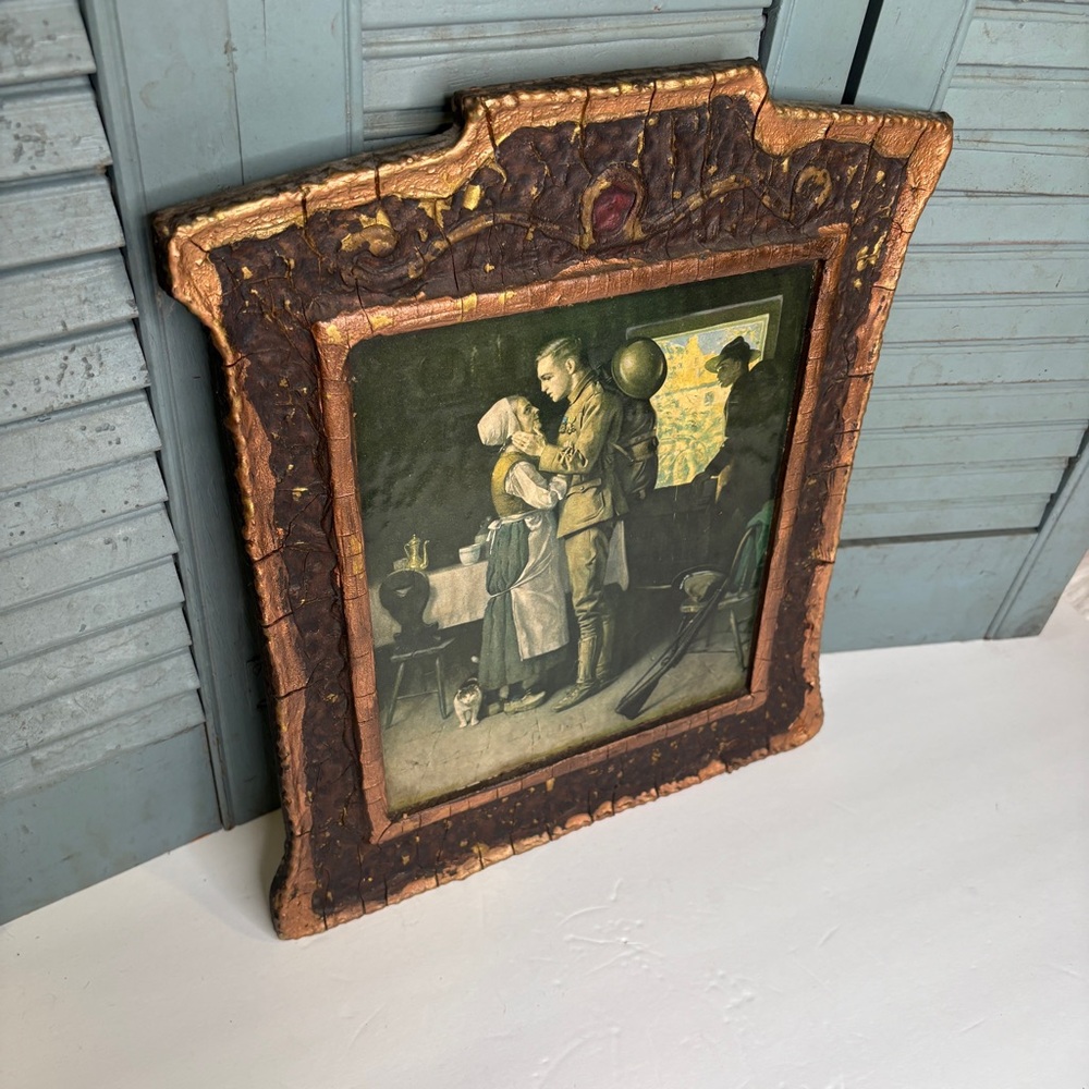 Antique WWI "GOODBYE, LITTLE FRENCH MOTHER" Wooden Wall Art Norman Rockwell - Picture 2 of 10